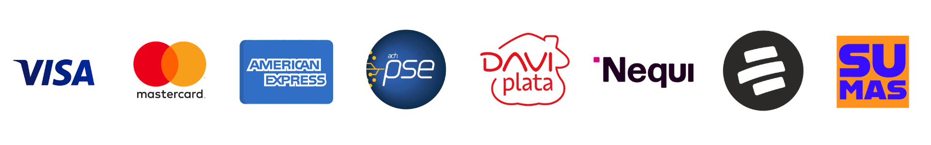 Visa, Mastercard, American Express, PSE, Daviplata, Nequi, Bancolombia y Su+